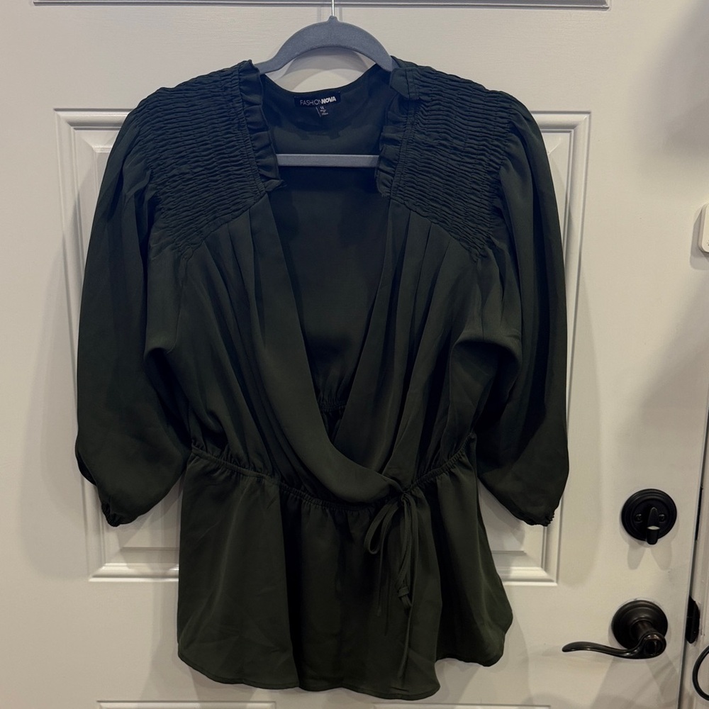 Fashion Nova Olive Green Smocked Shoulder Wrap Blouse
